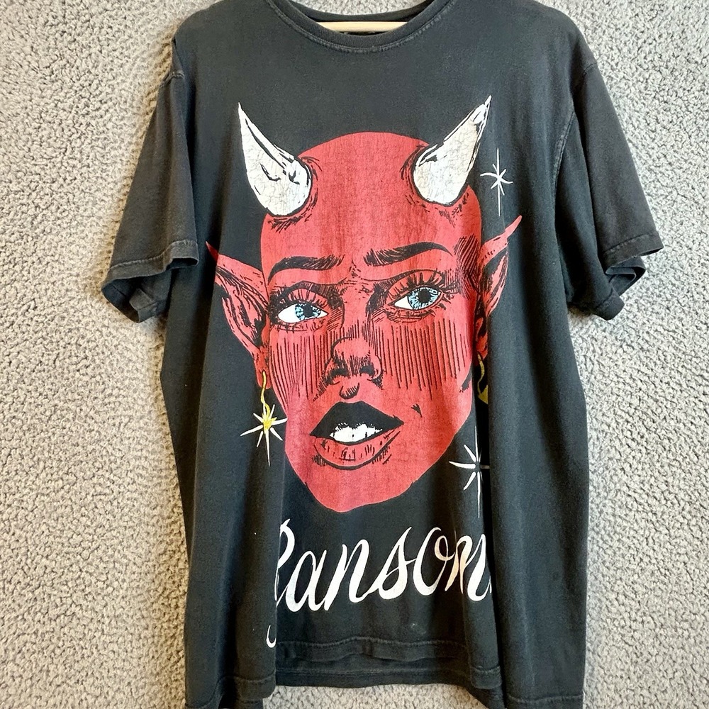 Ransom Devil Black T-Shirt Mens Size Large Black Short Sleeve Double Sided Faded